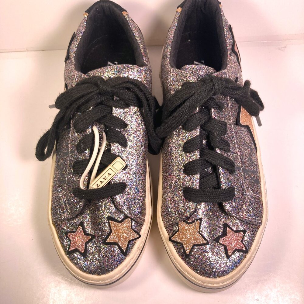 Zara Multicolor Glitter Star Low Top Sneakers Girls Size 4-4.5